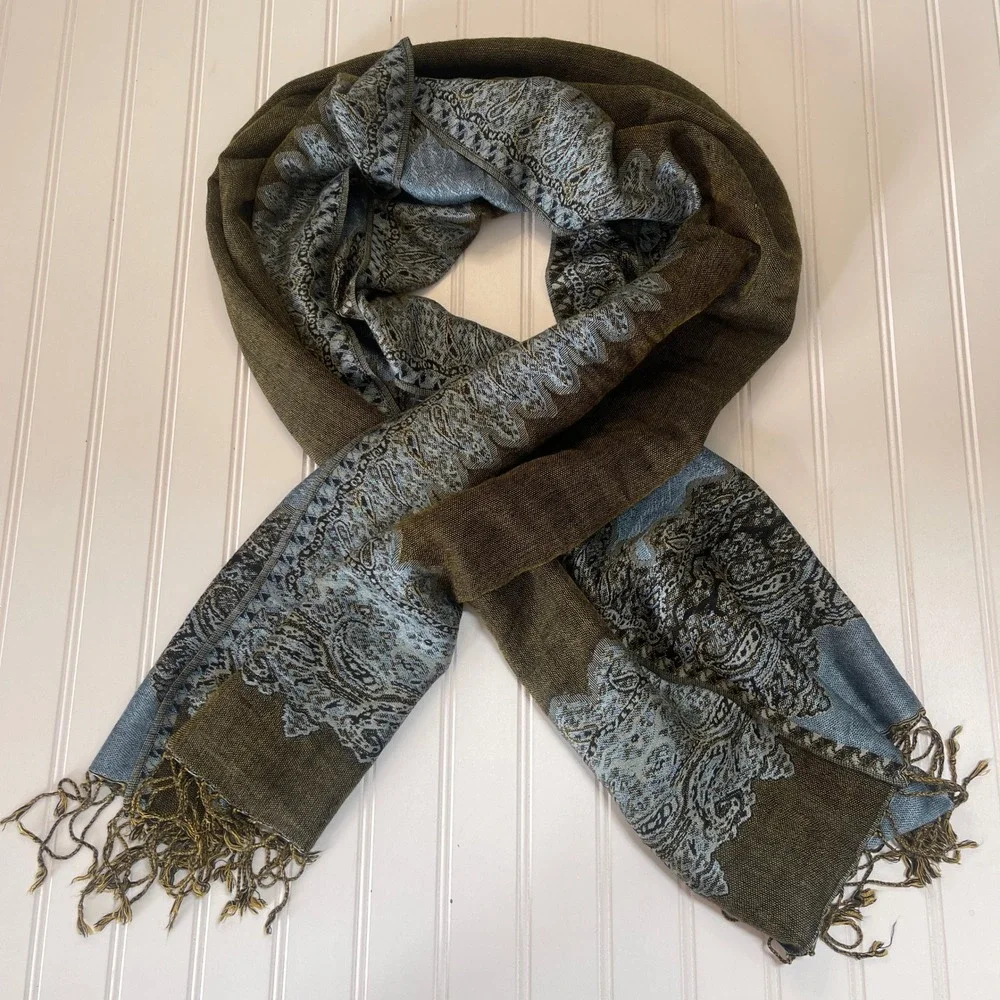 Pashmina Silk Blend Reversible Paisley Scarf Wrap Blue Olive Green Fringe